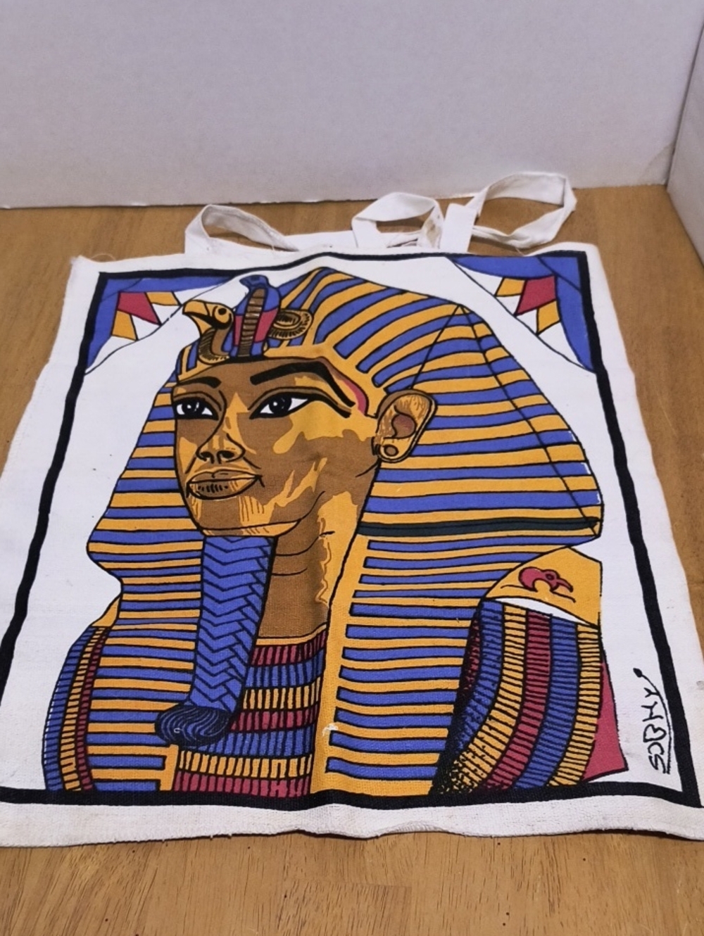 White Canvas Tote Bag with Egyptian Pharaoh Print 15x17 Inch B8 Vintage Preowned